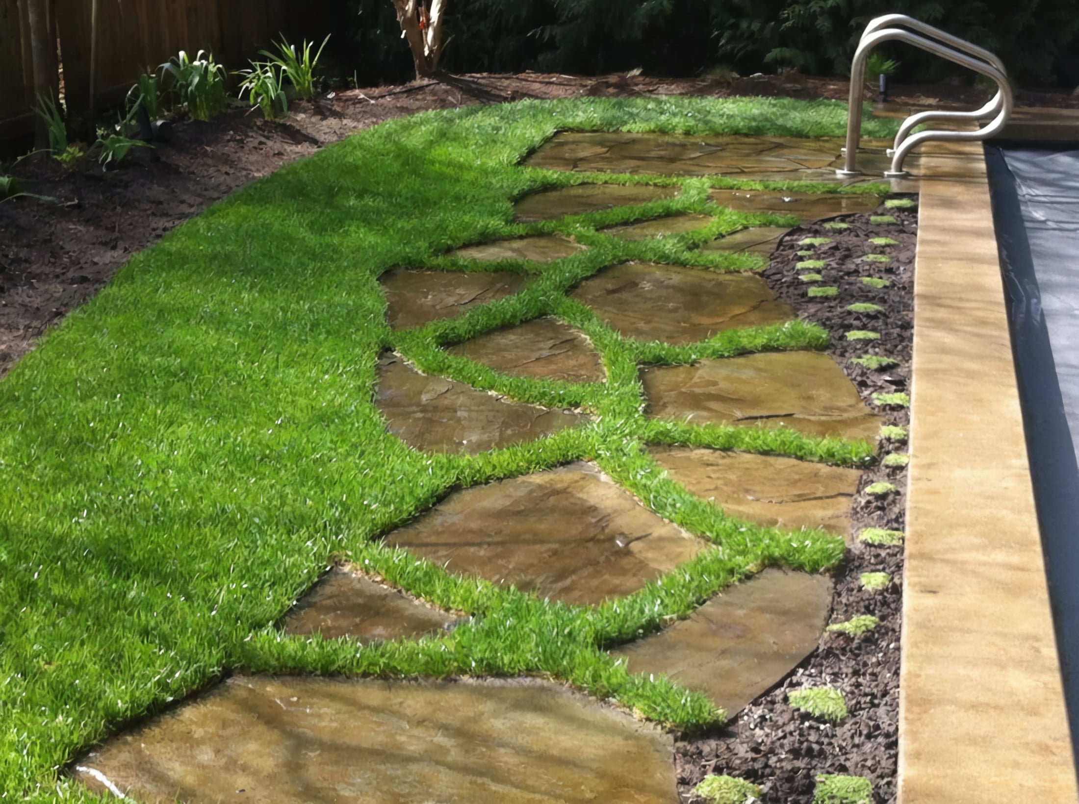 Micro clover, Seasonal planting, Sod lawn and River rock at the Elm St project.