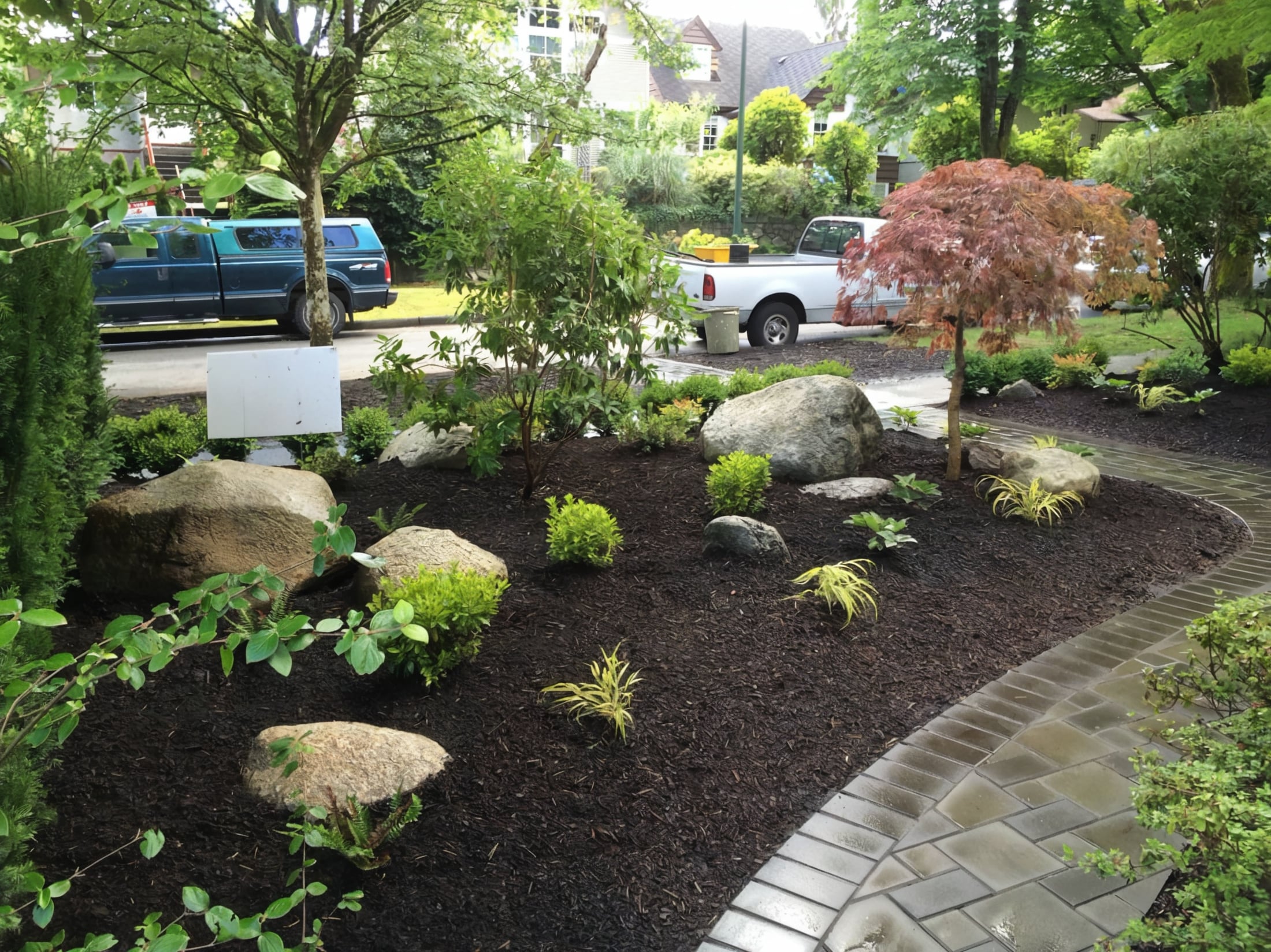 Interlocking pavers, Micro clover, Garden beds and Plants at the West 11th project.
