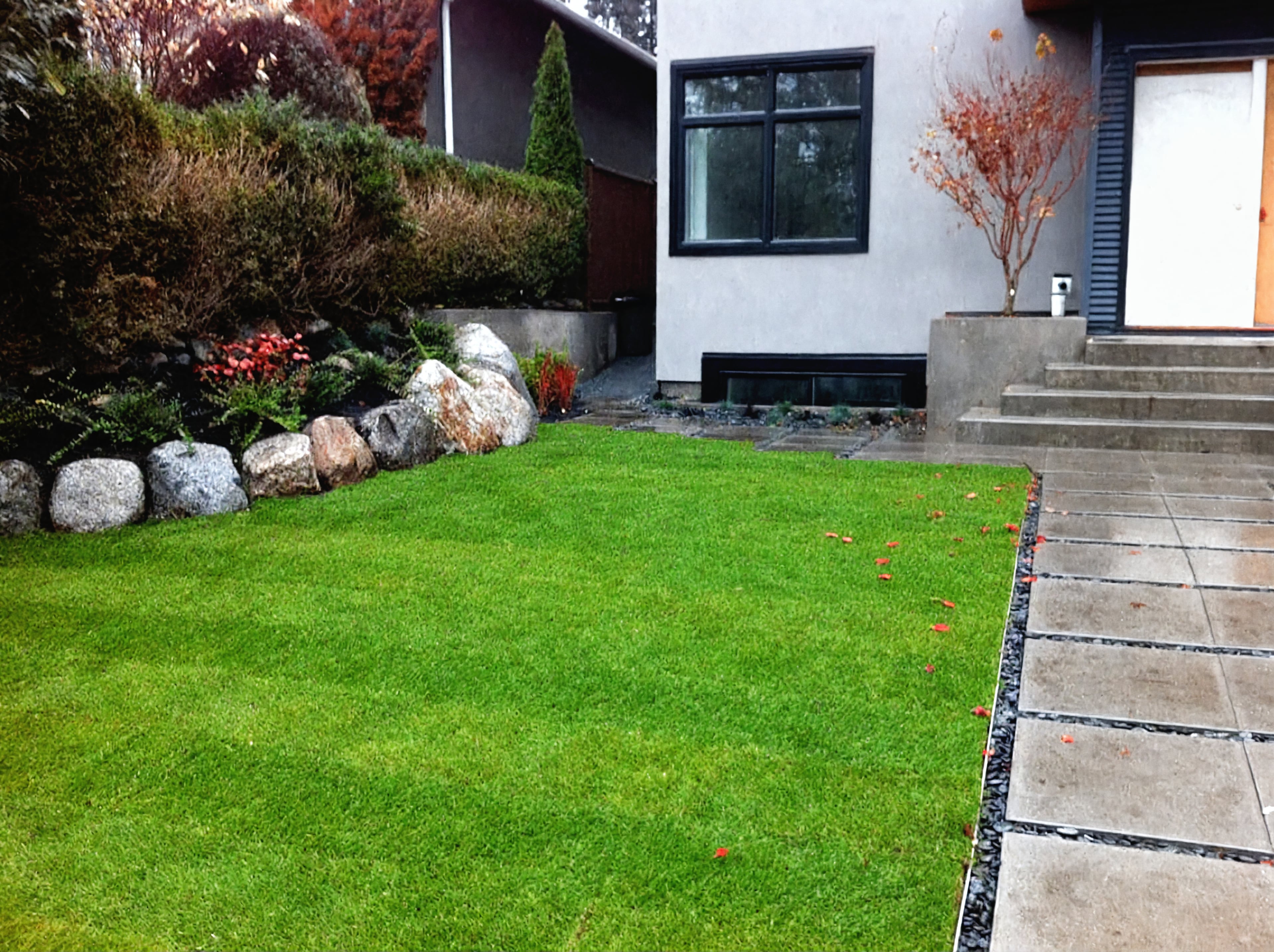 Sod lawn, Concrete slabs, Hedges and Plants at the West 32nd project.